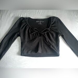 Aeropostale Black Ribbed Crop Blouse with Tie Front